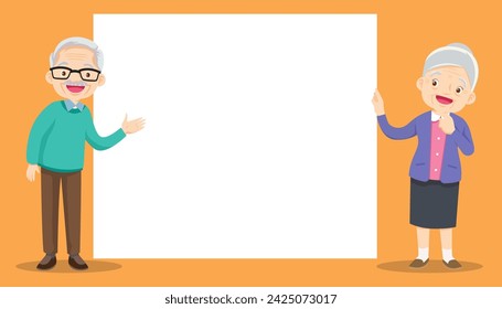 Elderly old people and blank banner cartoon set. Older men, women present your text.elderly people poster.