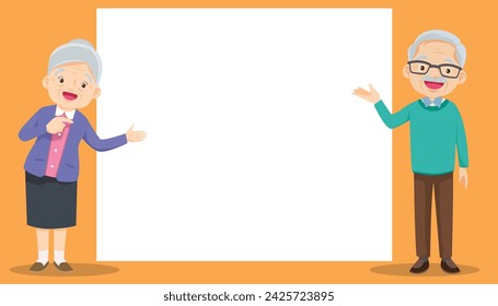 Elderly old people and blank banner cartoon set. Older men, women present your text.elderly people poster.