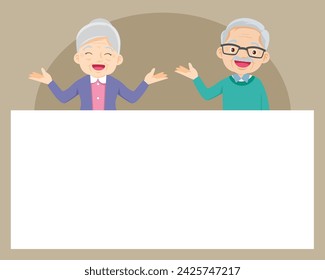 Elderly old people and blank banner cartoon set. Older men, women present your text.elderly people poster.