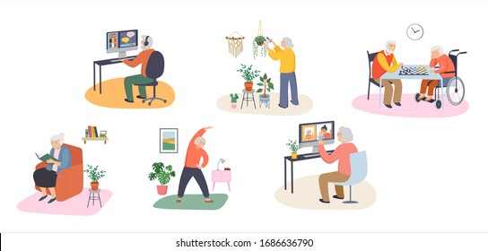 Elderly, old people, senior people at home, playing chess, chatting on computer with grandchildren, reading books, working out, learning languages. Vector illustration, cartoon set