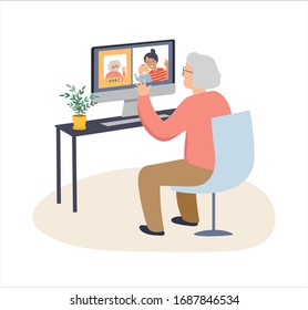 Elderly, old people, senior people at home, playing chess, chatting on computer with grandchildren, reading books, working out, learning languages. Vector illustration, cartoon set