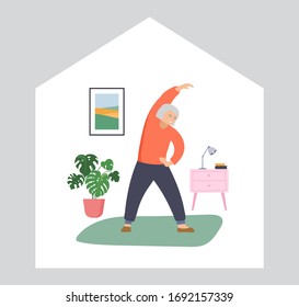 Elderly, old people, senior people at home, playing chess, chatting on computer with grandchildren, reading books, working out, learning languages. Vector illustration, cartoon set stock illustration