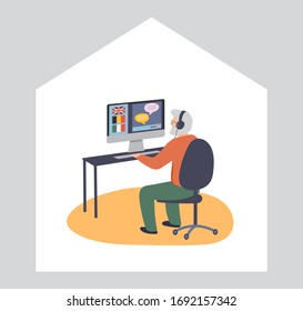 Elderly, old people, senior people at home, playing chess, chatting on computer with grandchildren, reading books, working out, learning languages. Vector illustration, cartoon set stock illustration