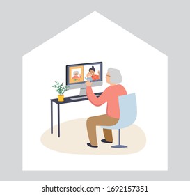 Elderly, old people, senior people at home, playing chess, chatting on computer with grandchildren, reading books, working out, learning languages. Vector illustration, cartoon set stock illustration