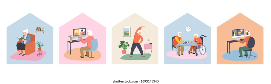 Elderly, old people, senior people at home, playing chess, chatting on computer with grandchildren, reading books, working out, learning languages. Vector illustration, cartoon set stock illustration