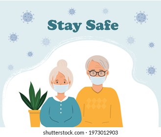 Elderly, old, senior people in medical mask, protection from viruses, healthcare and medicine concept, flat vector illustration