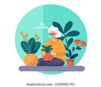 Elderly or old woman cultivate and water flowers, home potted plants. Home plants care, gardening hobby and cozy domestic life concept. Vector illustration.