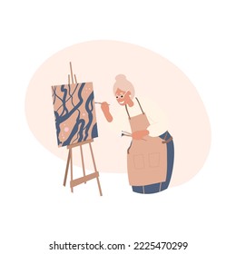 Elderly old Woman painting picture on canvas, easel. Creative woman in apron creates artwork. Hobby, painting, art studio, art classes, workshop concept.