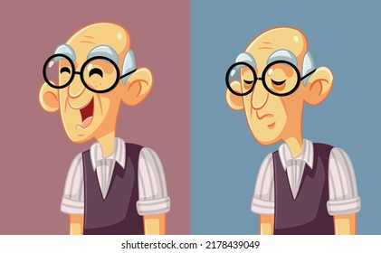 
Elderly Older Man Feeling Happy and Sad Vector Cartoon
Elderly grandpa changing emotions due to mental health and aging problems
