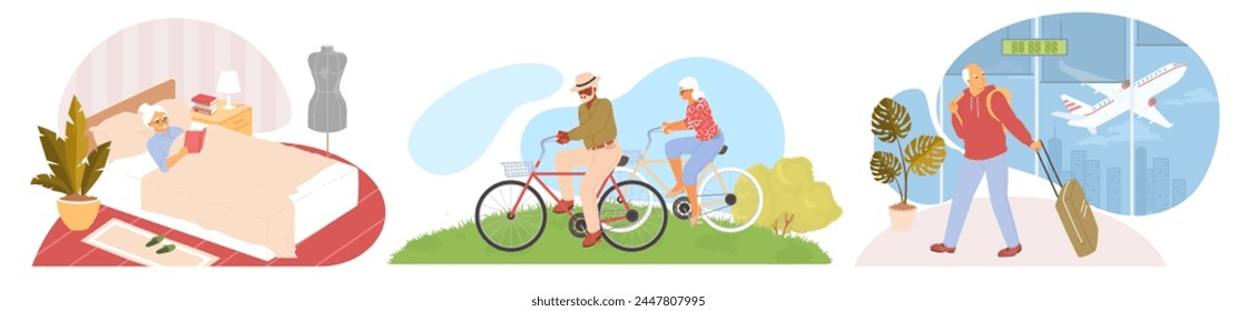 Elderly on holidays weekend enjoying different activities scene set. Senior family traveling by bicycle, mature man going for aircraft trip, old woman resting reading in bed vector illustration