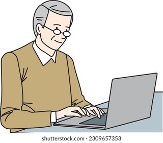 Elderly oriental man using a laptop computer