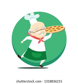 Elderly overweight baker holds pizza in hand. Vector illustration.