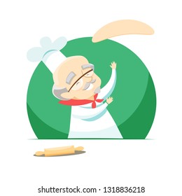 Elderly overweight baker making pizza by tossing dough. Vector illustration.