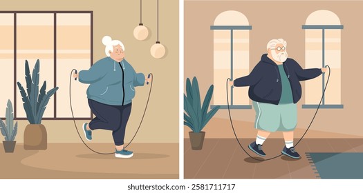 Elderly overweight grandma, grandpa, doing home workouts for health, jumping rope