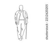 Elderly overweight man with stick. Continuous one line drawing. Vector illustration. Continuous one line drawing of full length profile of a senior man walking with a cane Minimal outline concept.