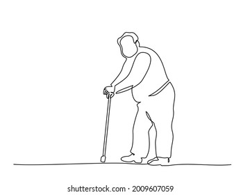 Elderly overweight man and stick  Continuous one line drawing  Vector illustration