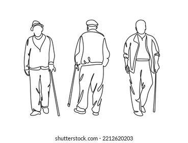 Elderly overweight man with stick. Continuous one line drawing. Vector illustration. Continuous one line drawing of full length profile of a senior man walking with a cane Minimal outline concept.