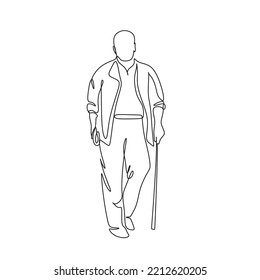 Elderly overweight man with stick. Continuous one line drawing. Vector illustration. Continuous one line drawing of full length profile of a senior man walking with a cane Minimal outline concept.