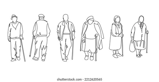 Elderly overweight man   woman and stick  Continuous one line drawing  Vector illustration  Continuous one line drawing full length profile drandmother grandfather  Grandparents line art