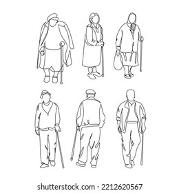 Elderly overweight man and woman with stick. Continuous one line drawing. Vector illustration. Continuous one line drawing of full length profile of a drandmother or grandfather. Grandparents line art