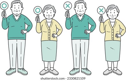 Elderly and overweight men and women raising ⚪︎ and × tags