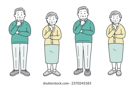 Elderly overweight men and women who worry by putting their hands on their faces