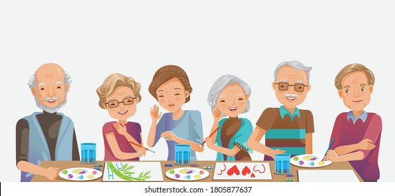 Elderly painting. Happy senior woman smiling and friends while. 
Drawing as a recreational activity or therapy together. Group of retired women and man elderly.