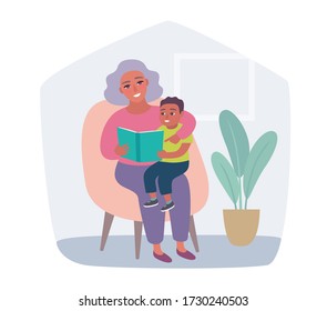 Elderly parent reading book to grandchild. Kid listening to grandmother sitting at armchair. Child Care, education, home schooling.