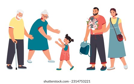 Elderly parents, adult son with wife and little granddaughter.Family meeting in three generations. Happy relatives have fun together.Smiling characters in color.Vector  flat illustration on white.