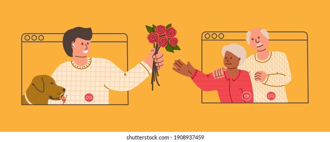 Elderly parents chatting with their son via video call. A young guy calls his parents via video chat. Son congratulates his mother with flowers. Mother's day, women's day. Vector flat illustration