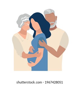 Elderly parents hug and support their pregnant daughter. Family support for single mothers. Social problems.Vector illustration.