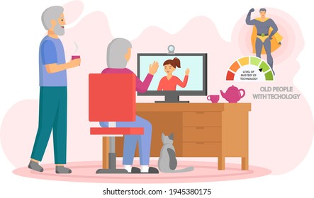 Elderly parents sitting at computer and talking to daughter. Online communication via Internet