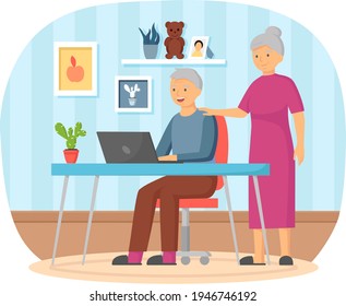 Padres ancianos sentados en el computador hablando con su hija. Comunicación en línea vía Internet