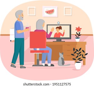 Padres ancianos sentados en el computador hablando con su hija. Comunicación en línea vía Internet