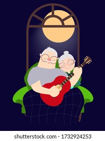 elderly parents are sitting on a sofa by the window. Grandfather plays the guitar. Grandmother listens to music.Vector flat illustration.Cartoon.Concept.Hand drow.Stock illustration.