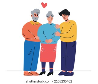 Elderly parents with their son. Son hugs mom