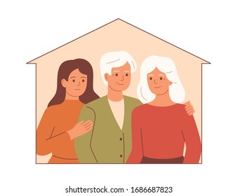 Elderly parents with young adult daughter embrace each other in their own house. Family stay at home in quarantine. Preventive measures to prevent the spread of coronavirus. Vector illustration