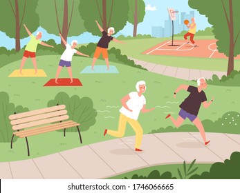 Elderly Park Activity. Older People Grandparents Walking In Urban Park Healthy Lifestyle Of Happy Senior Recreation Exercises Vector