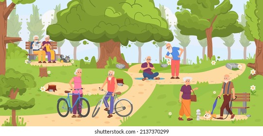 Elderly In Park. Old Couple Cyclists, Woman And Man Walking With Dogs. Older People Training Outdoor, Seniors On Bench. Active Decent Retirement Human Vector Scene