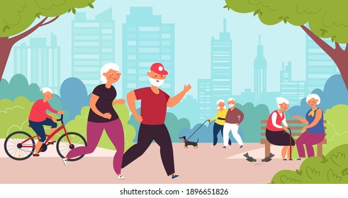 Elderly In Park. Old People, Senior Healthy Nature Lifestyle. Retired Family Walk, Cartoon Grandparents Summer Recreation Decent Vector Concept