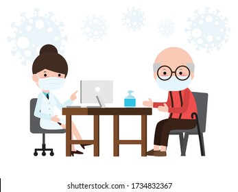 Elderly patient at a doctor consultation in clinic office. Doctor Consultation and diagnosis of epidemic virus covid-19 coronavirus 2019-ncov pandemic medical health risk concepts Vector illustration