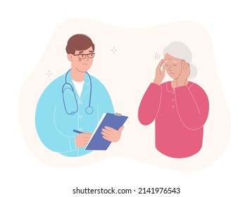 Elderly patient at a doctor's appointment. Elderly woman has a headache. Medical care and consultations