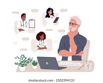 Elderly patient having online consultations with medical specialists. Online medical services. Medical insurance, hospital services, sick leave certificate treatment diagnosis patients.