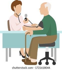 Elderly Patient Medical Care In Hospital, Vector Illustration. Doctor Character Take Old Senior Man Blood Pressure In Clinic. Woman Nurse Check Health By Medicine Measurement Equipment.