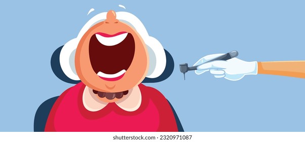 
Elderly Patient Opening her Mouth in a Dental Cabinet Vector Illustration. Pensioner lady with oral problems going to a dental office
