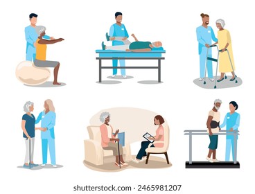 An elderly patient is undergoing orthopedic rehabilitation with a physical therapist. Physiotherapy. Thanks to the doctors and nurses. Restoring health after illness and injury. Set of flat vector