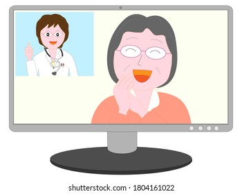 Elderly patients being seen online by a female doctor.