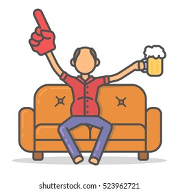 Elderly and paunchy man drinking beer on couch in room flat style. Vector character on sofa flat line illustration.