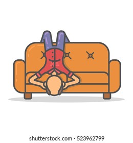 Elderly and paunchy man relax on couch in room flat style. Vector character on sofa flat line illustration.