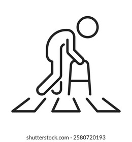 elderly pedestrian clip art icon symbol, senior adult man crossing the street, person with disability walking with rollator, taking care of older people, isolated linear vector illustration,